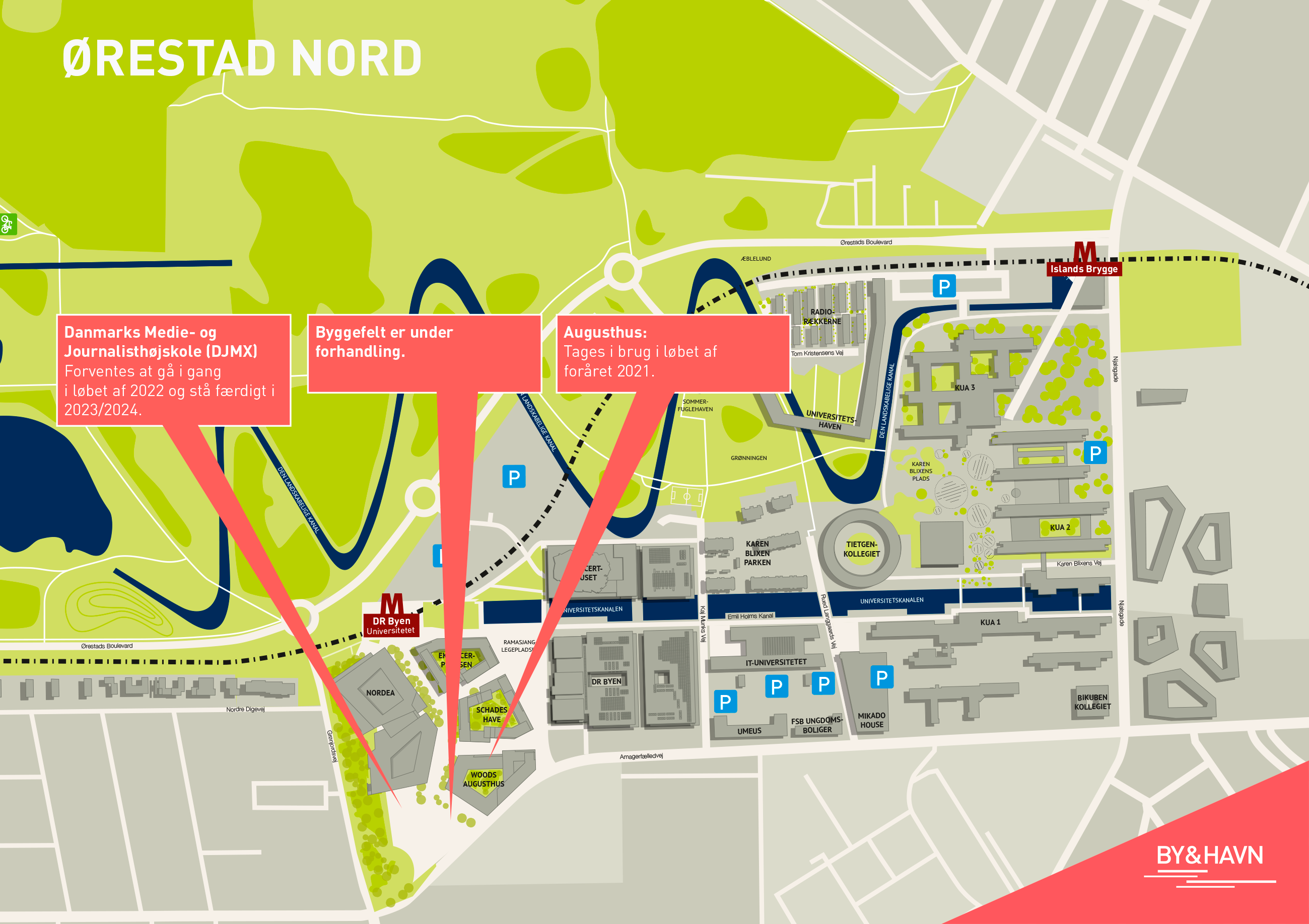 Kort over Ørestad Nord viser nuværende og fremtidig byggeaktivitet