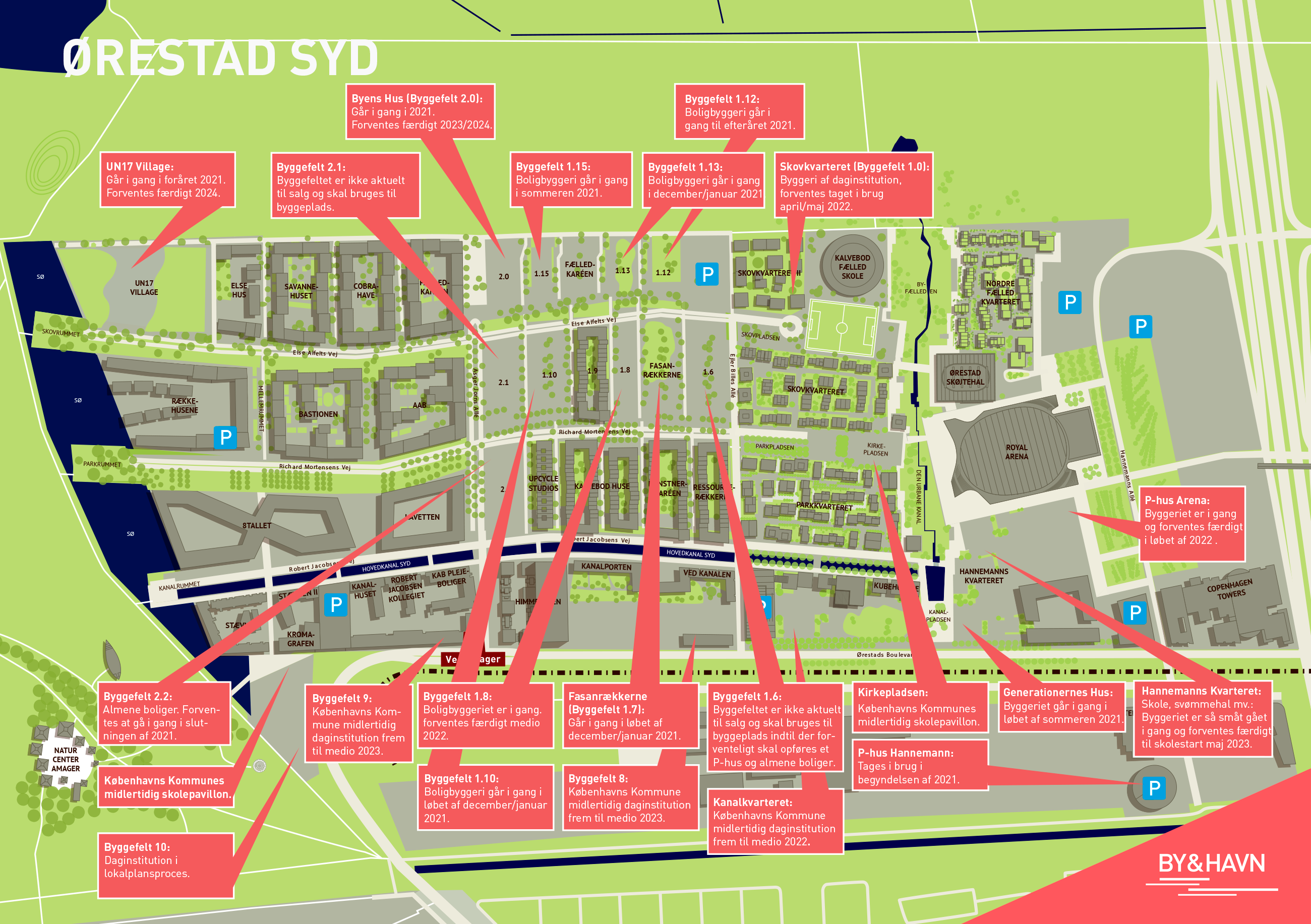 Kort over Ørestad Syd viser nuværende og fremtidig byggeaktivitet