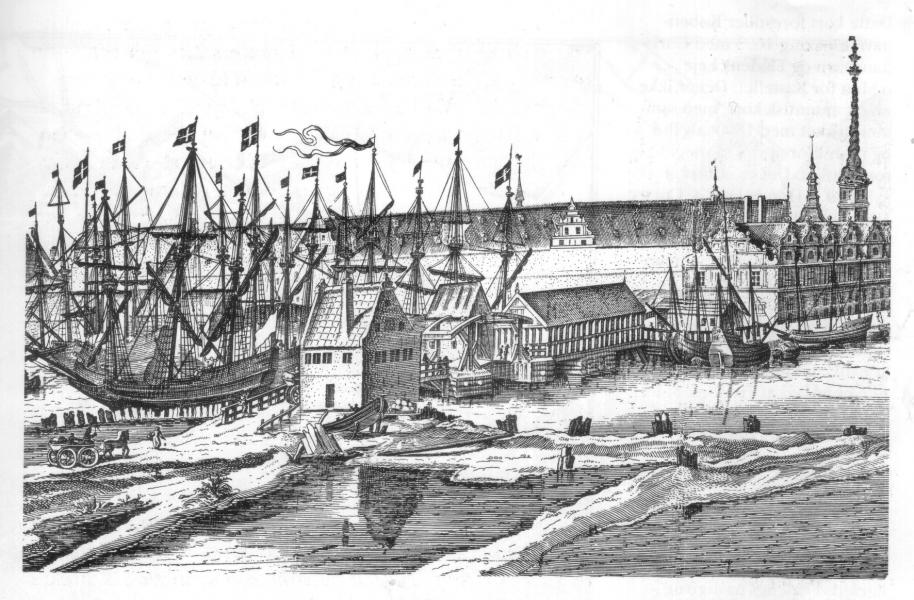 I forgrunden ses toldboden, der lå mutters alene på den sumpede strandbred af det nyanlagte Christianshavn fra 1623-1630.