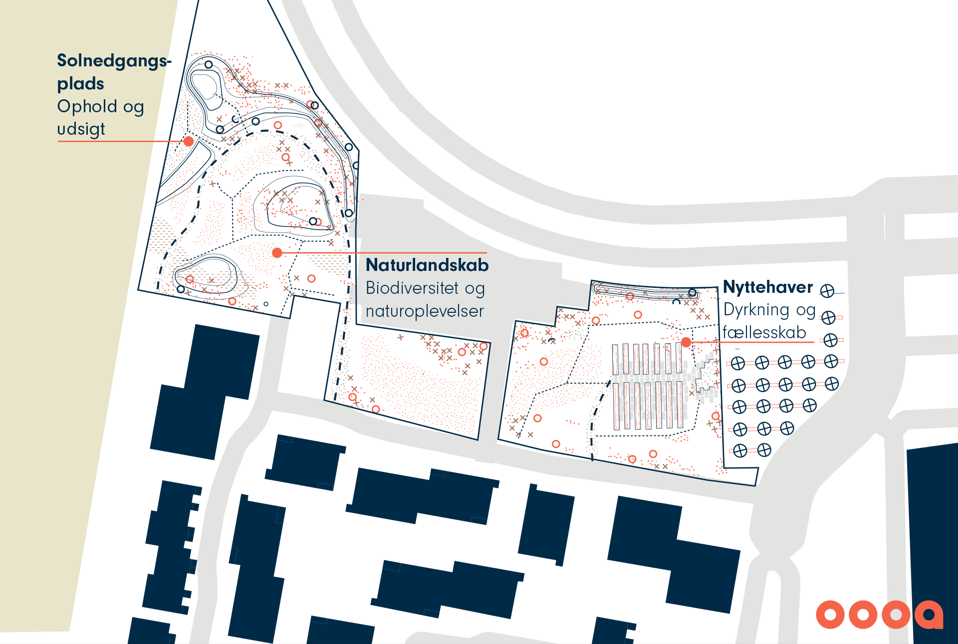 Plan over det kommende midlertidige byrum ved Hannemanns Allé. Byggefeltet er ca. 6000 m2 stort – svarende til to en halv gange Kirkepladsen i Ørestad Syd. Klik for at hente som PDF. 